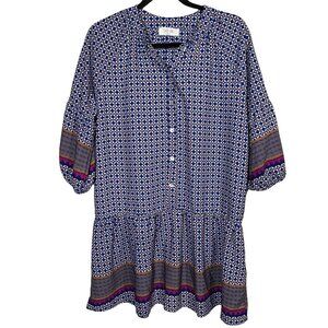 Peach Love California Boho Blue Mini Dress Puff Sleeve Border Print Small